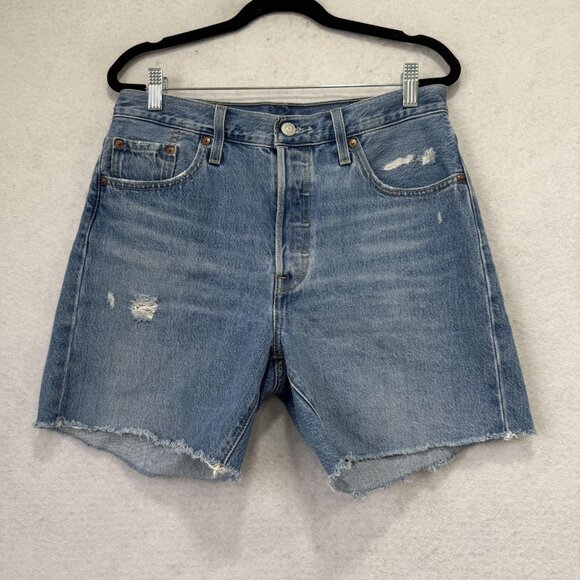 Levis 501 Shorts Womens 29 Blue Denim High Rise Button Fly Cutoff Distressed - Picture 1 of 11